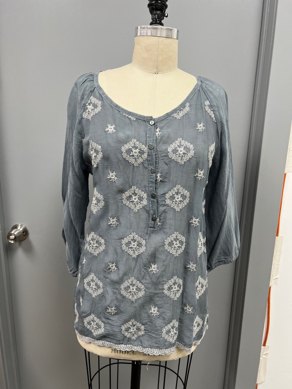 Johnny Was Slate Blue Embroidered Peasant Blouse